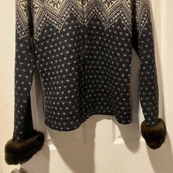 VTG Lauren Ralph Lauren Fair Isle Wool Full Zip Sweater Faux Fur Collar/Cuffs-PM - Picture 2 of 13